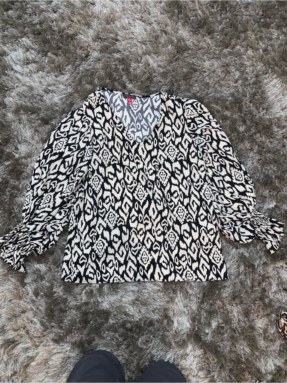 Vince Camuto Black and White Ikat V-Neck Blouse